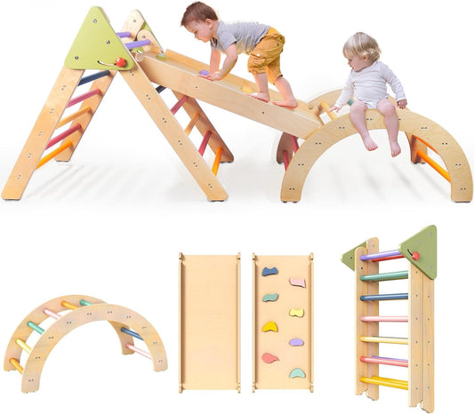 LOL-FUN 7in1 Wooden Climbing Frame for Toddlers, Foldable Baby Climbing Toys Pikler Triangle Set with Ramp and Arch, Montessori Indoor Play Jungle Gym for Kids - Rainbow