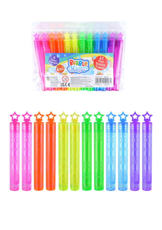 12 Neon Star Party Bubble Tubes with Wand (Pack of 12) Children's 4ml Party Bubbles Loot Bag Fillers Summer Games for Boys and Girls Kids Party Bags