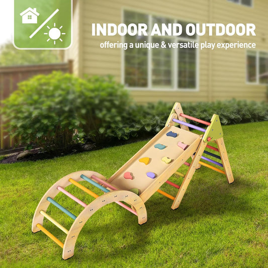 LOL-FUN 7in1 Wooden Climbing Frame for Toddlers, Foldable Baby Climbing Toys Pikler Triangle Set with Ramp and Arch, Montessori Indoor Play Jungle Gym for Kids - Rainbow